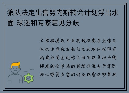 狼队决定出售努内斯转会计划浮出水面 球迷和专家意见分歧
