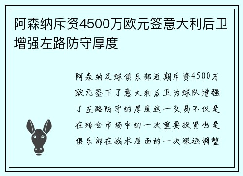 阿森纳斥资4500万欧元签意大利后卫增强左路防守厚度