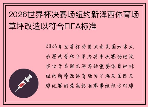 2026世界杯决赛场纽约新泽西体育场草坪改造以符合FIFA标准